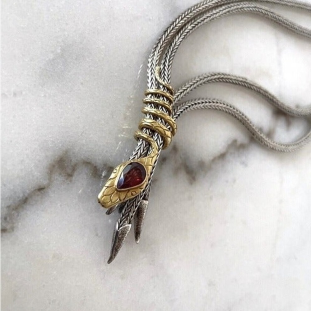 Handcrafted Bali Spiral Snake Necklace-Sterling Silver, Garnet & 22K Gold Accent